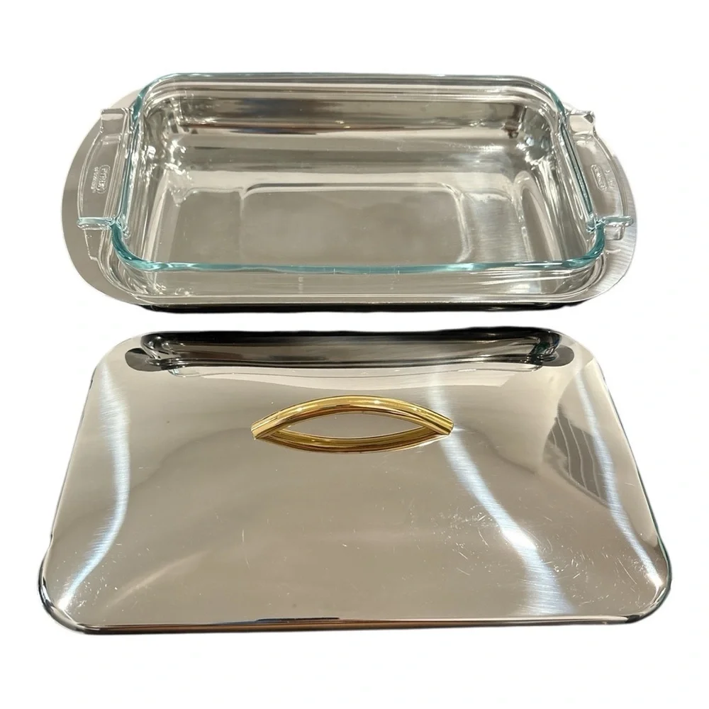Vintage Pyrex 237T Casserole Dish & Summit 18/10 SS Server Gold Handle Set